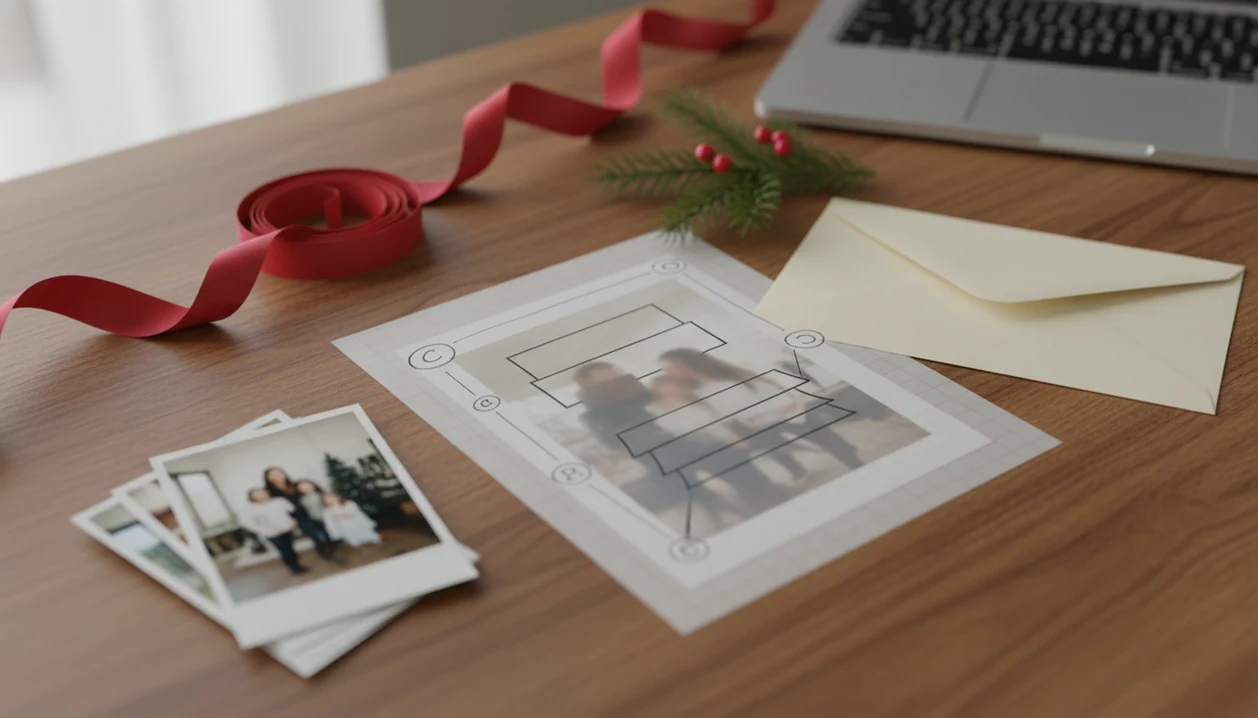 A Christmas card draft, photo prints, tracing paper, and holiday objects arranged on a desk.