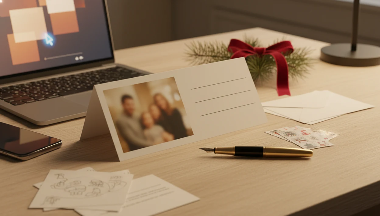 A warm desk scene shows Christmas card drafts, envelopes, and an abstract AI writing screen on a laptop.