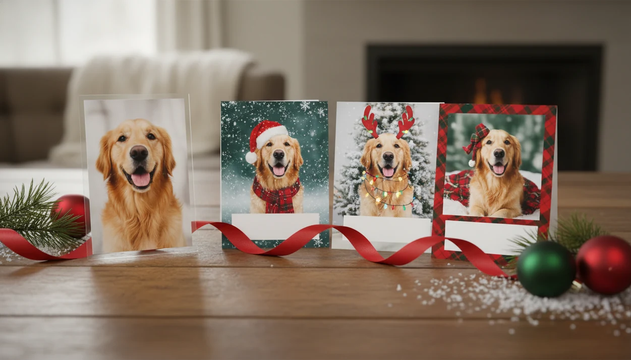 A dog photo beside finished pet Christmas cards with ribbons, pine sprigs, ornaments, and soft holiday light.