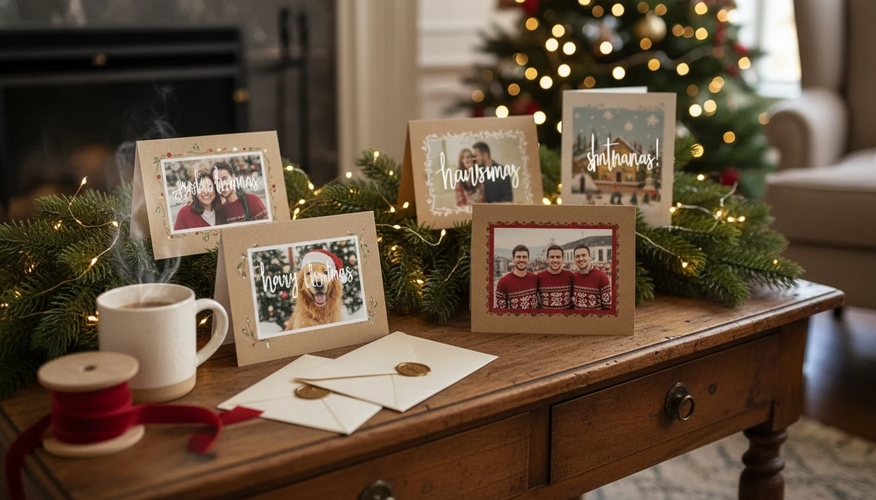 Personalized photo Christmas cards displayed on a warm holiday mantel with envelopes, garland, and lights.