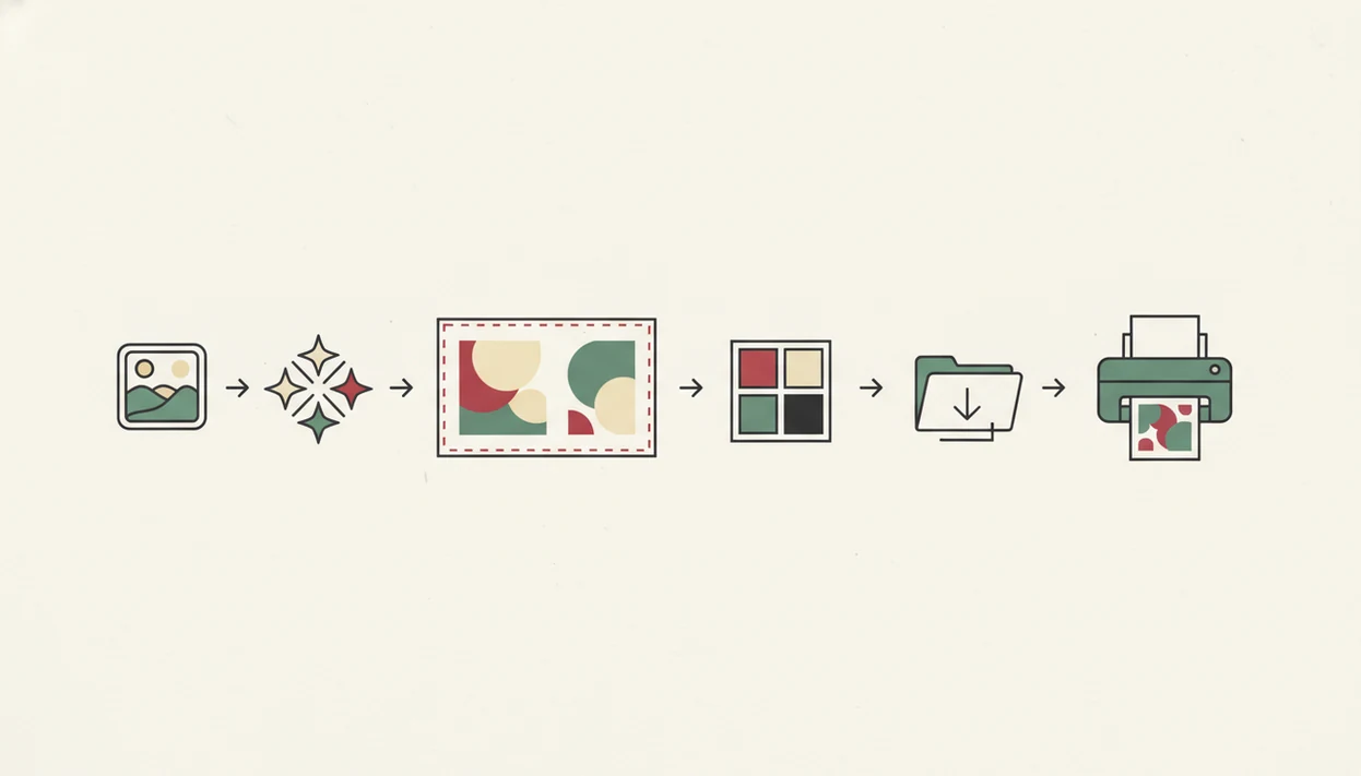 A simple visual workflow shows a phone photo becoming a print-ready Christmas card file.