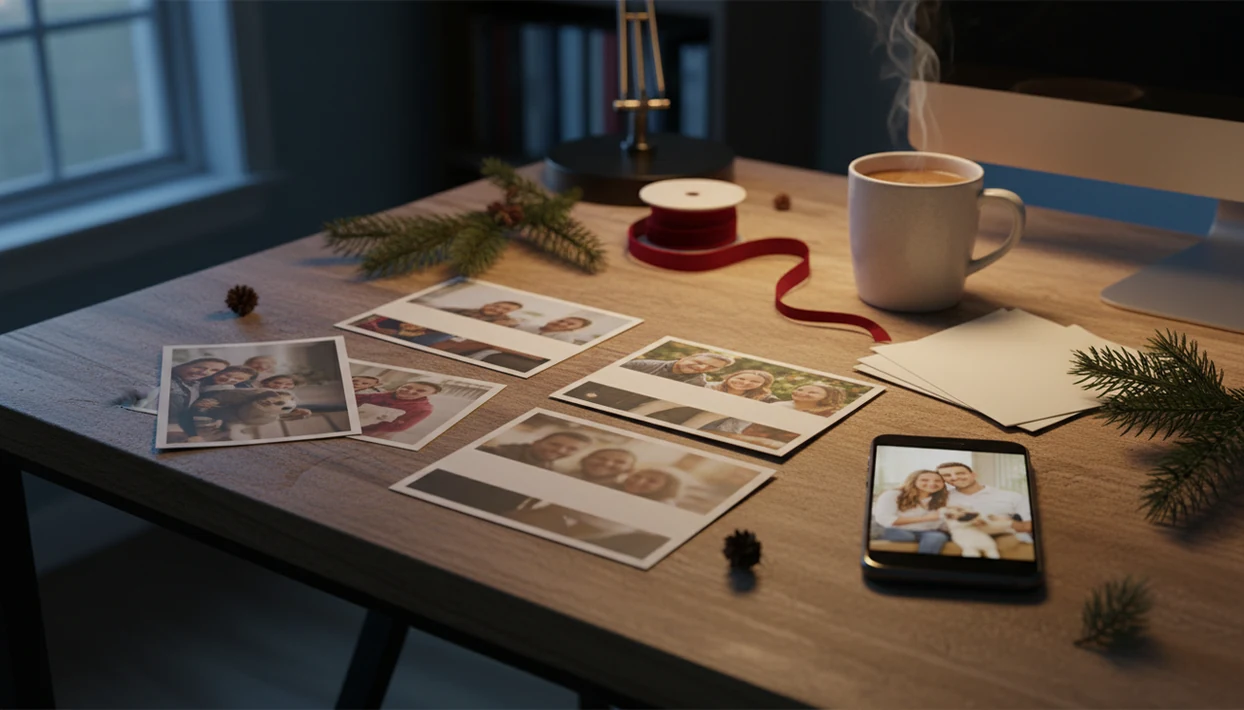 Printed Christmas photo cards, envelopes, and a phone photo are arranged on a cozy holiday desk.
