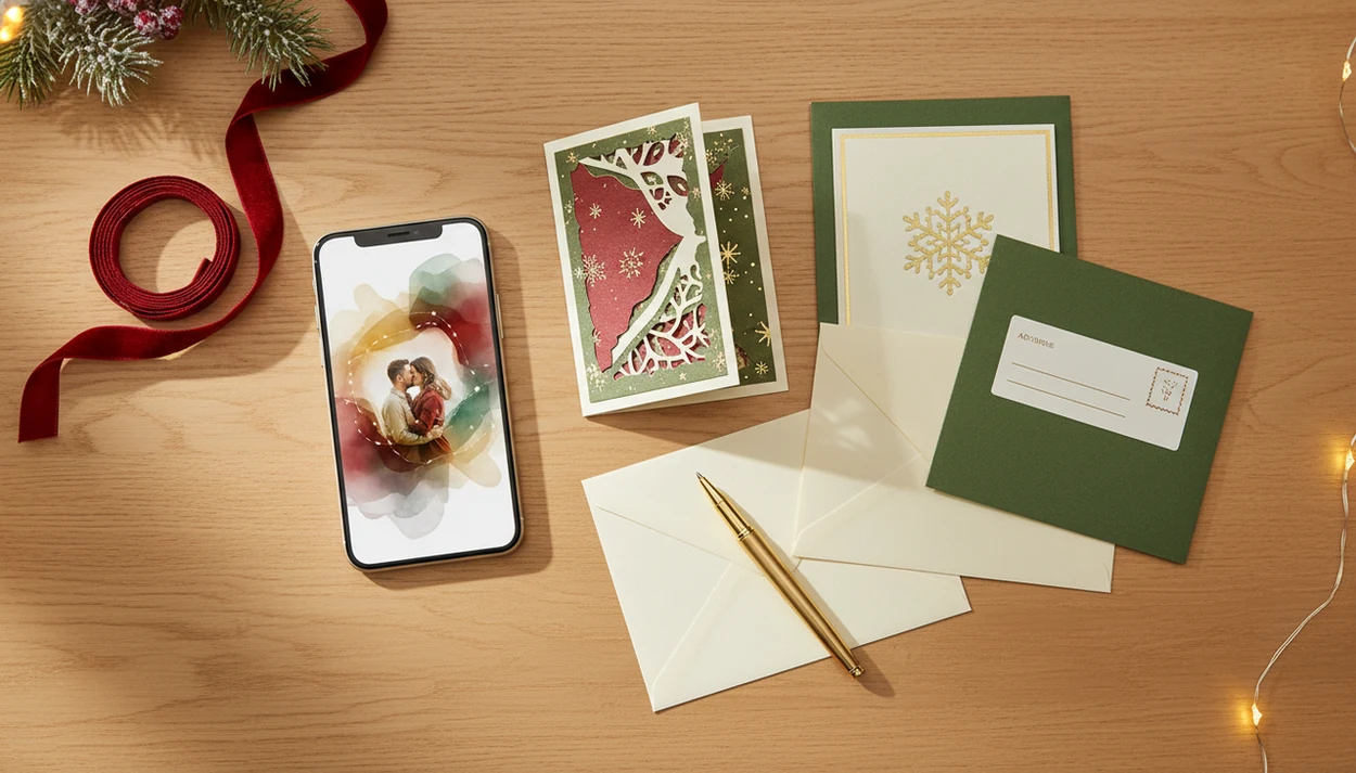 A phone and printed holiday card samples arranged on a festive table for choosing a couples Christmas card app.