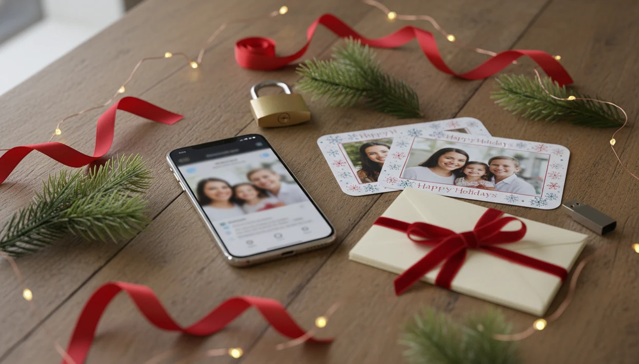 A phone, printed holiday cards, envelopes, and a small padlock sit on a festive wooden table.