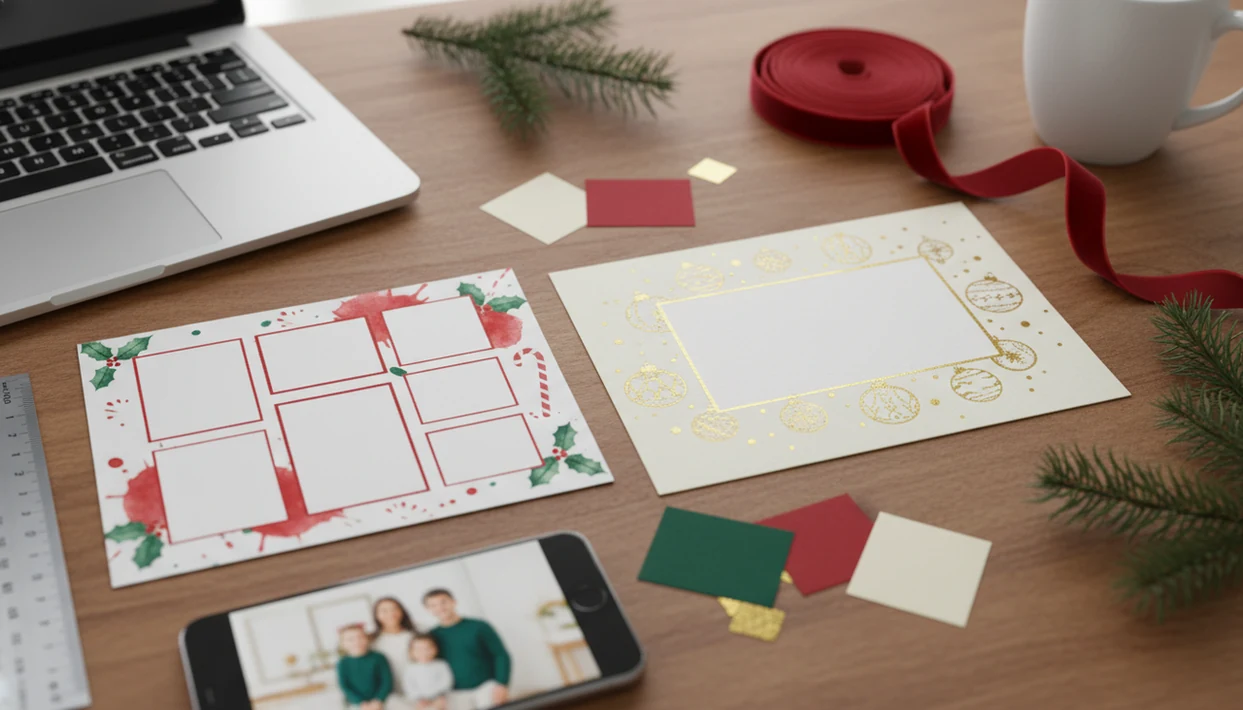 Two different Christmas card design drafts are compared on a festive desk with photo and print tools.