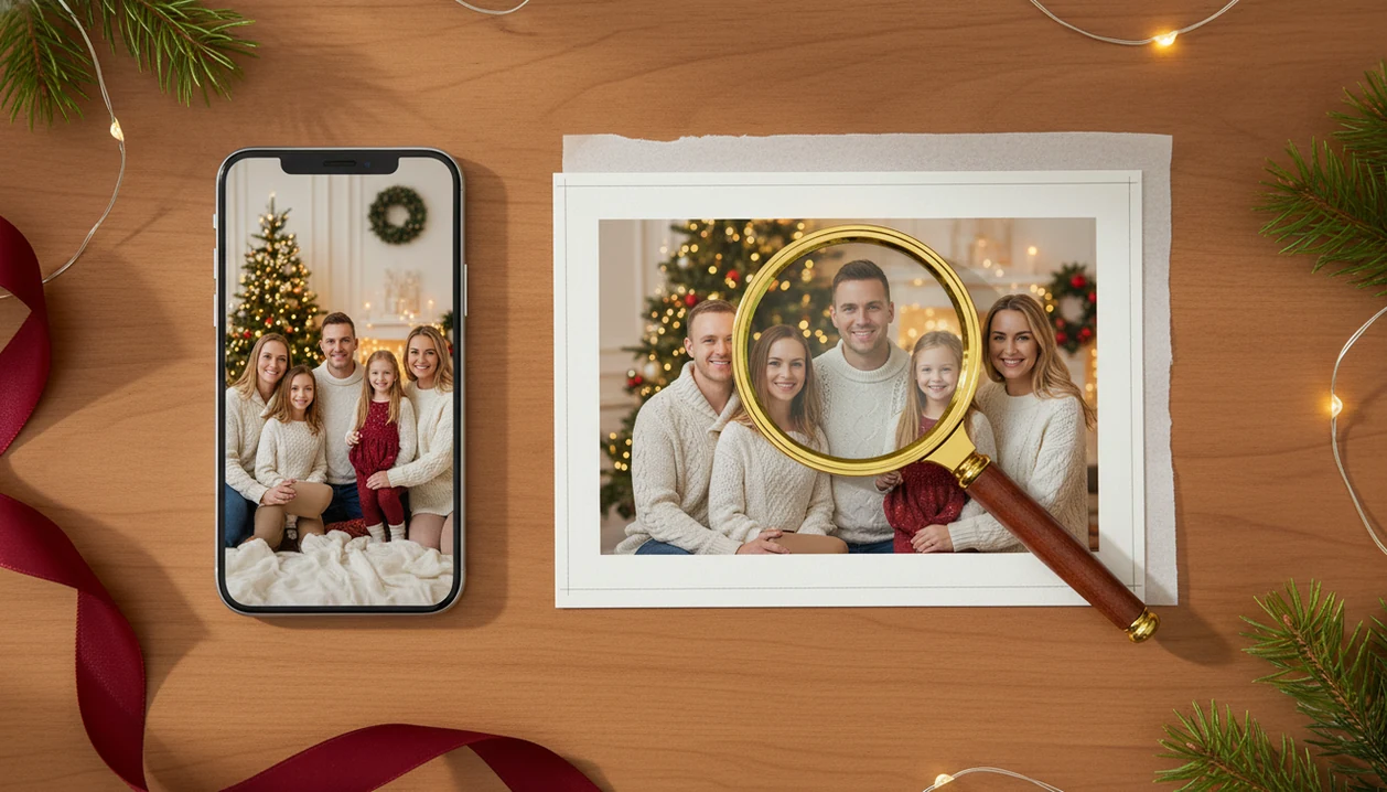 A phone photo, printed Christmas card proof, and magnifying glass arranged for a photo quality check.