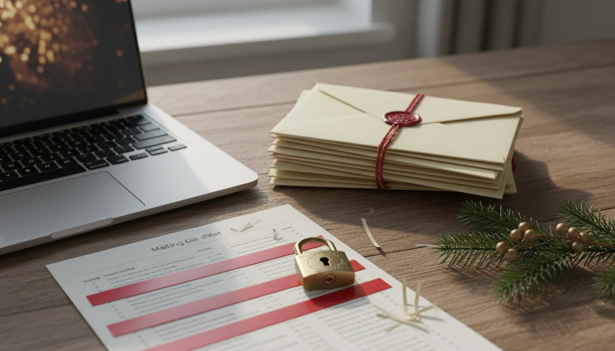 Holiday envelopes, a locked mailing list, and shredded paper suggest careful Christmas card address privacy.