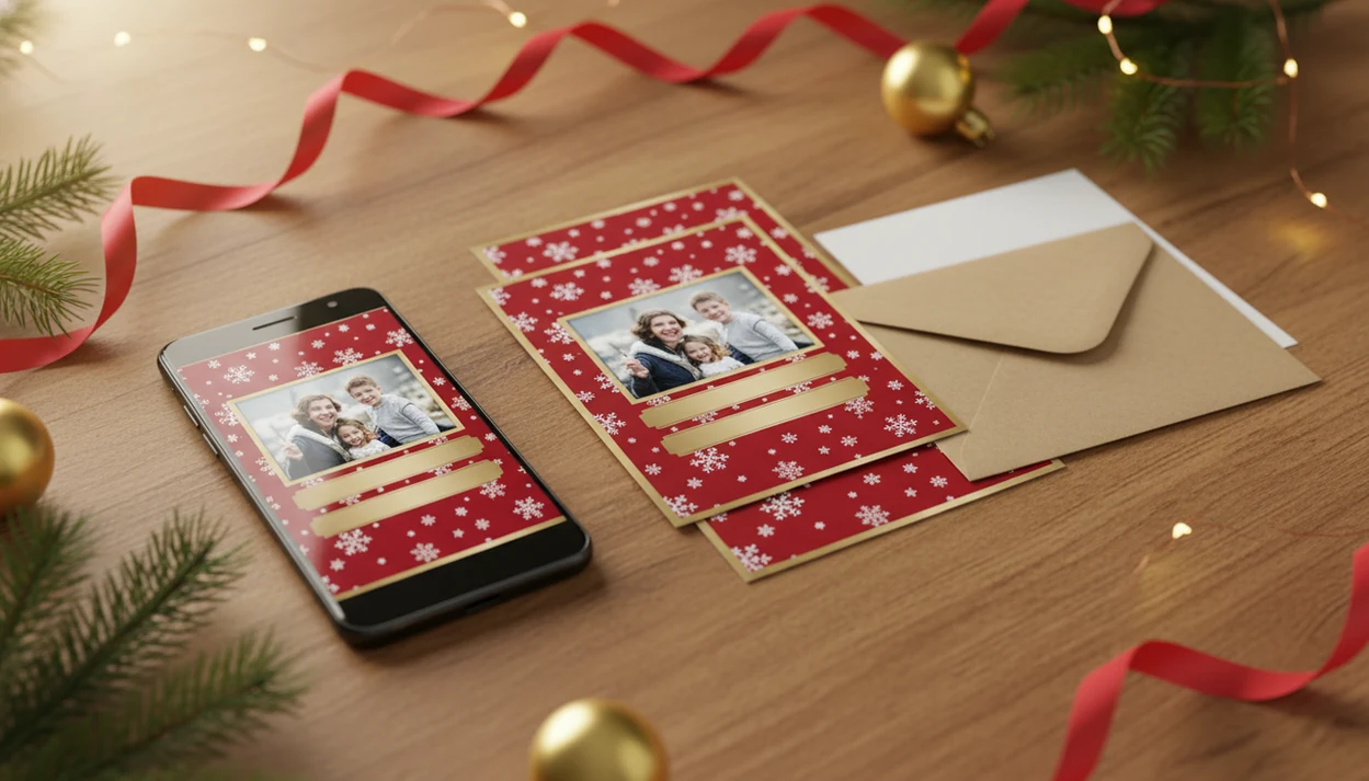 An Android phone beside printed Christmas cards, envelopes, pine sprigs, ribbon, and holiday lights.