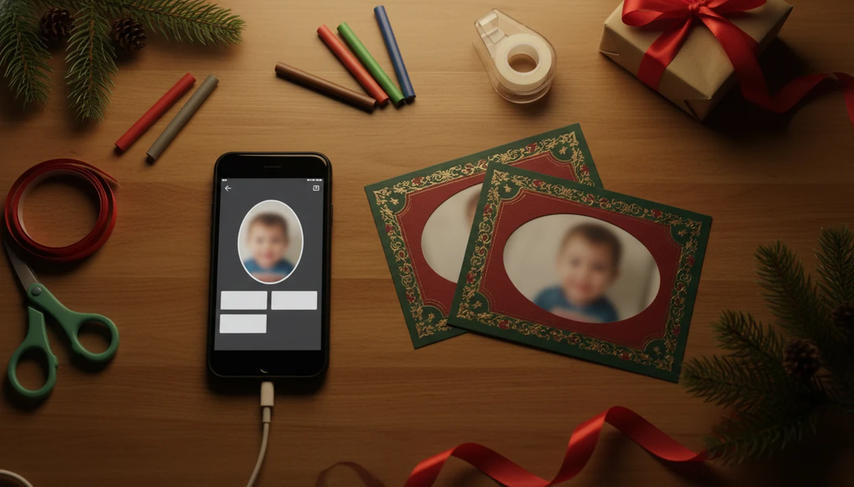 A phone, holiday cards, craft supplies, and wrapping paper sit on a kitchen table for making kids photo cards.