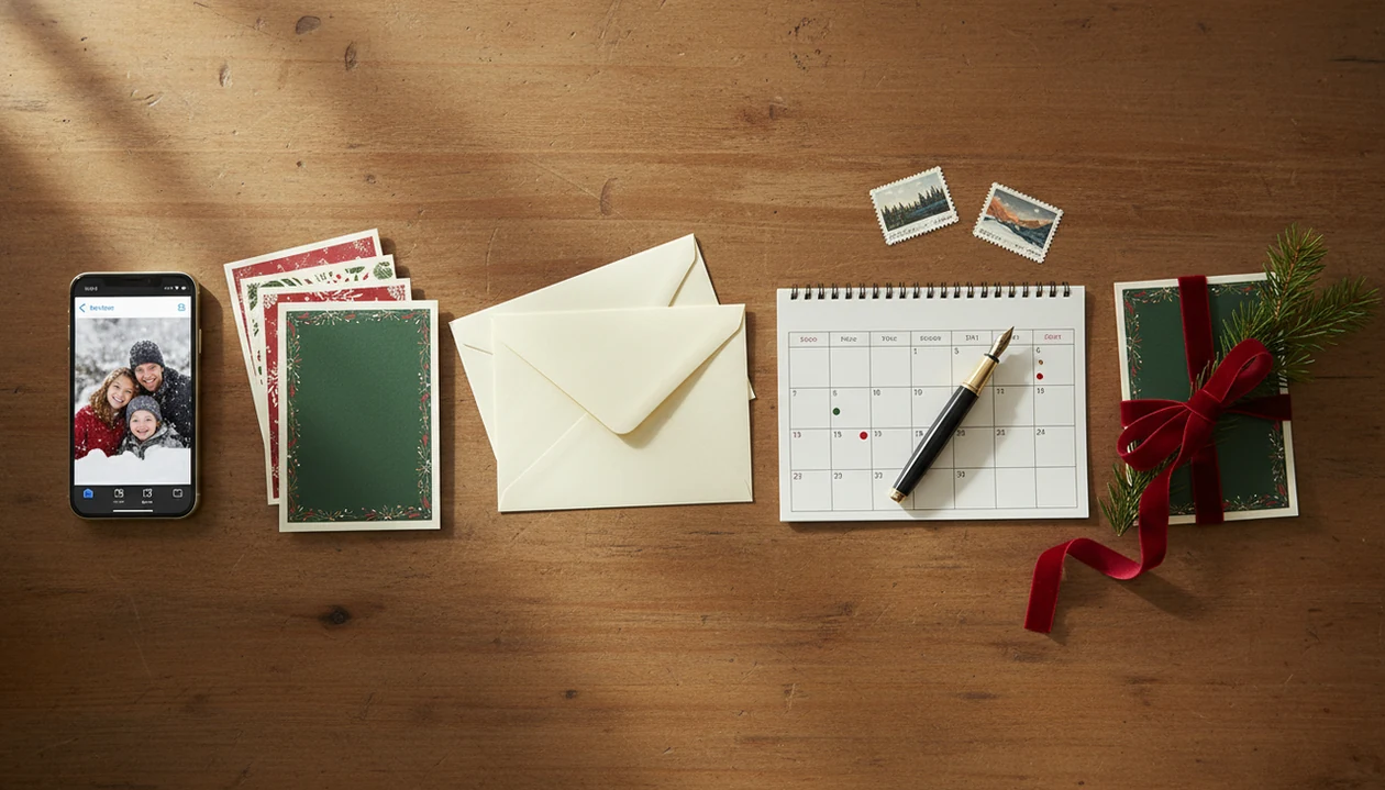 A phone, calendar, envelopes, and printed Christmas cards arranged as a holiday card timeline.
