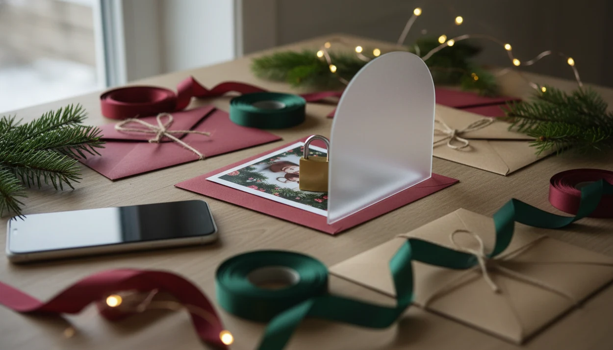 A holiday card photo is partly hidden under a small lock beside envelopes and pine sprigs.