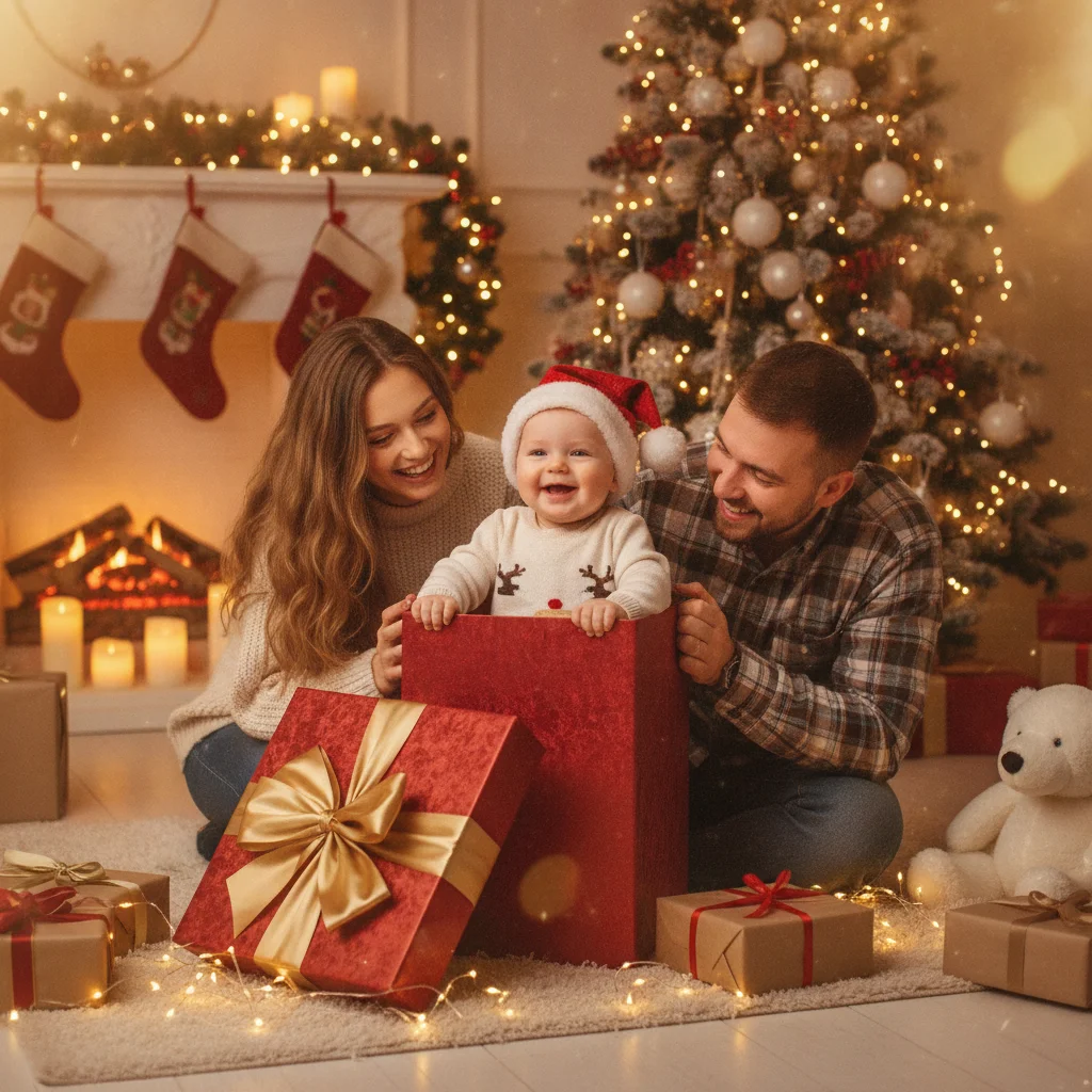 How Do You Create a Baby in Gift Box Christmas Photo? (christmas photos) — festive Christmas photo example