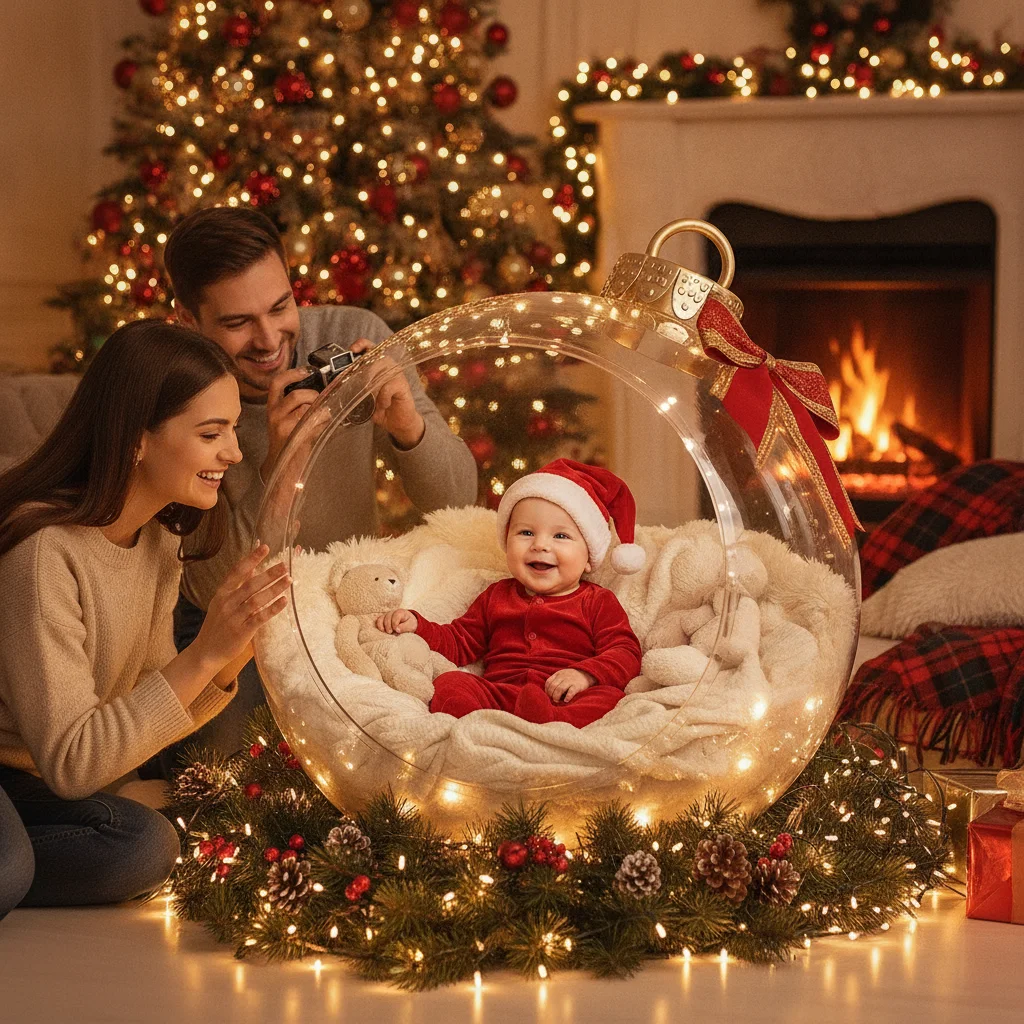 Baby in Ornament Box Photo Prop Setup (christmas photos) — festive Christmas photo example
