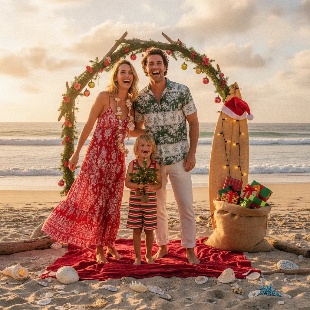 Festive Beach Christmas Portrait Styles — beach Christmas portraits (christmas photos) — Christmas card guide visual