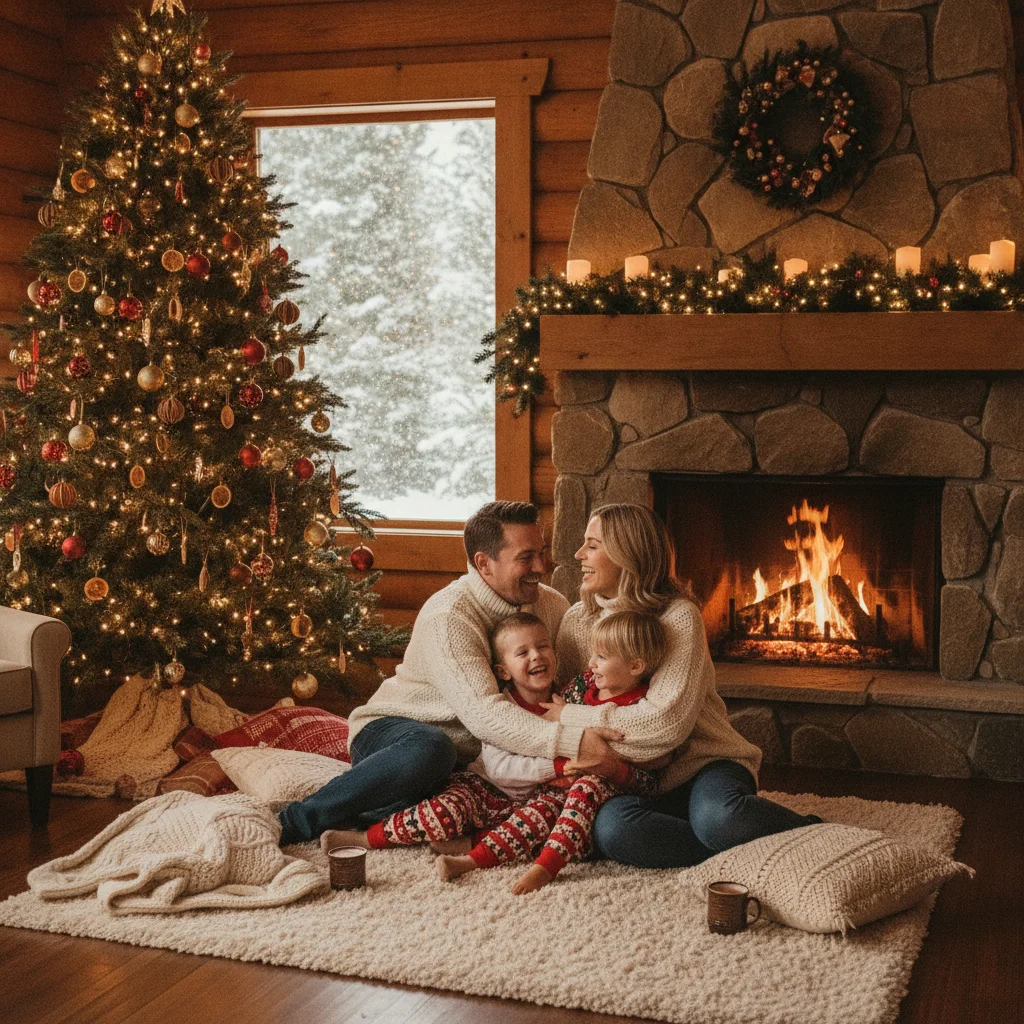 Cozy Christmas Cabin Portrait Inspiration — Christmas cabin portraits (christmas photos) — Christmas card guide visual
