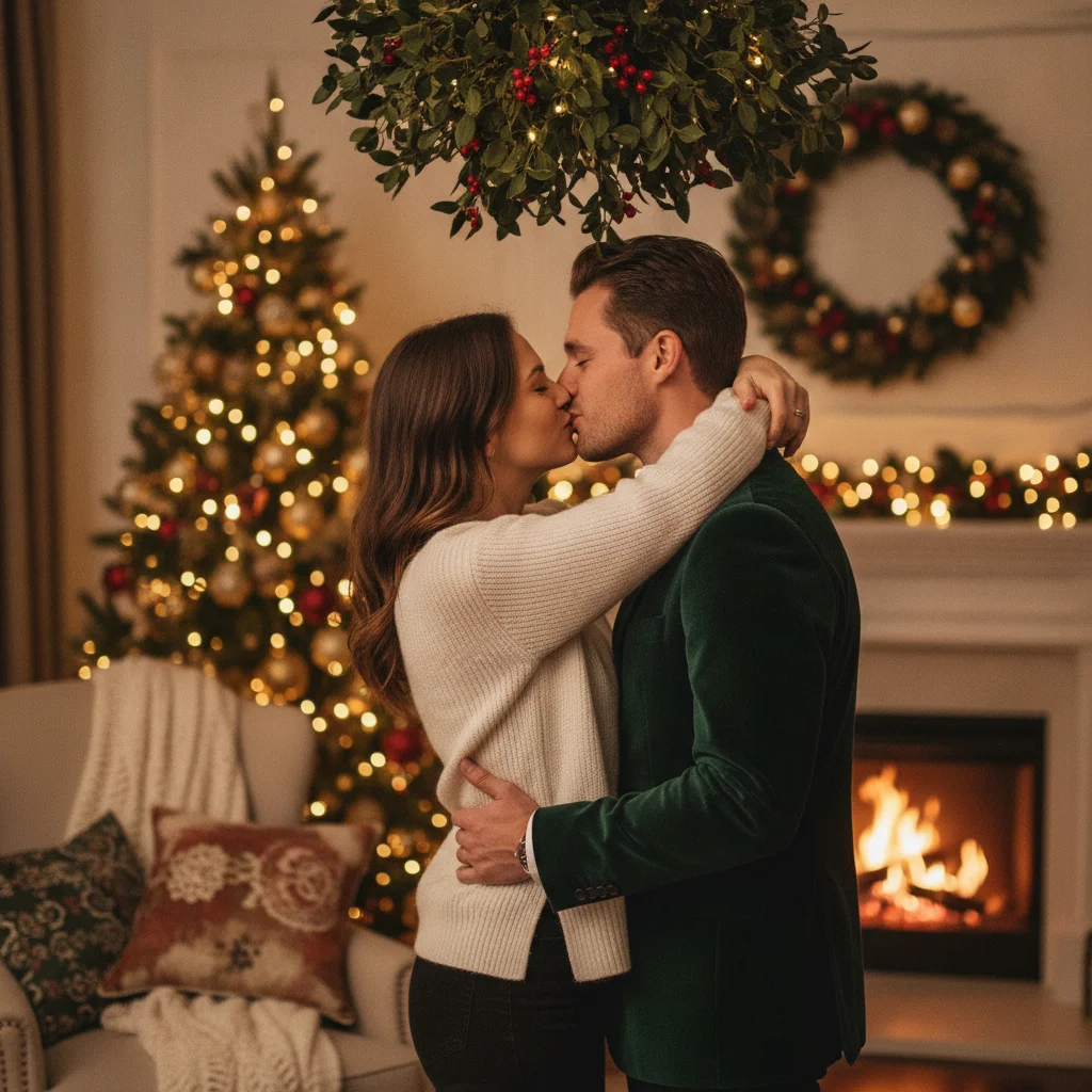 Romantic Couple Kissing Under Mistletoe Portrait (christmas photos) — Christmas card guide visual