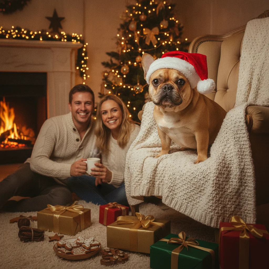 French Bulldog Santa Hat Photo Inspiration (christmas photos) — festive Christmas photo example