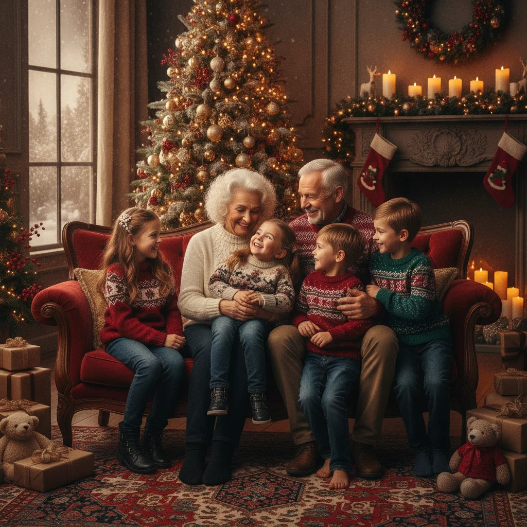 Heartwarming Grandparents with Grandchildren Christmas Portrait (christmas photos) — Christmas card guide visual