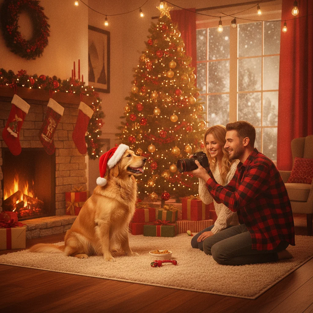 How to Take Great Christmas Photos of Your Dog — how to photograph a dog for Christmas — festive Christmas photo example