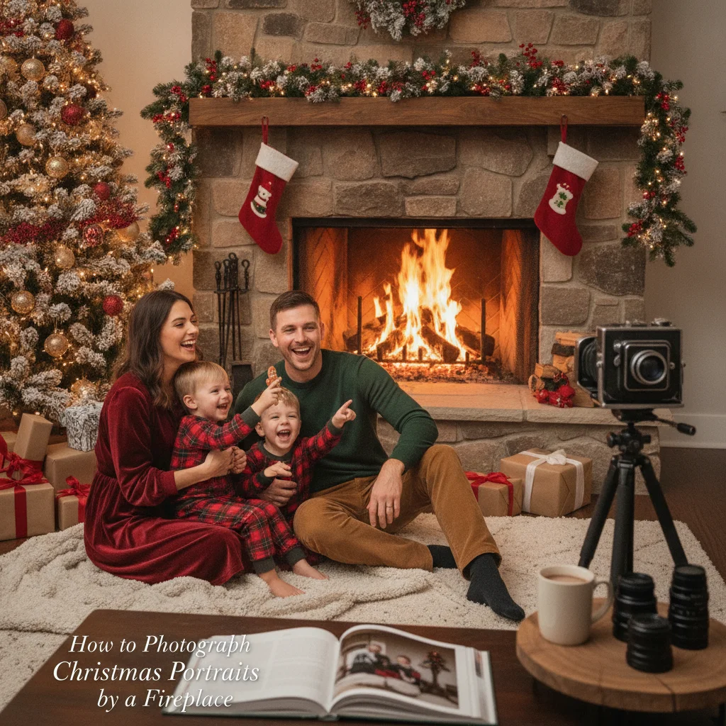 How to Photograph Christmas Portraits by a Fireplace (christmas photos) — festive Christmas photo example