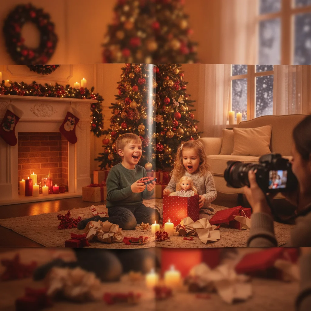 How to Photograph Kids Opening Christmas Presents — how to photograph kids opening presents (christmas photos) — festive Christmas photo example