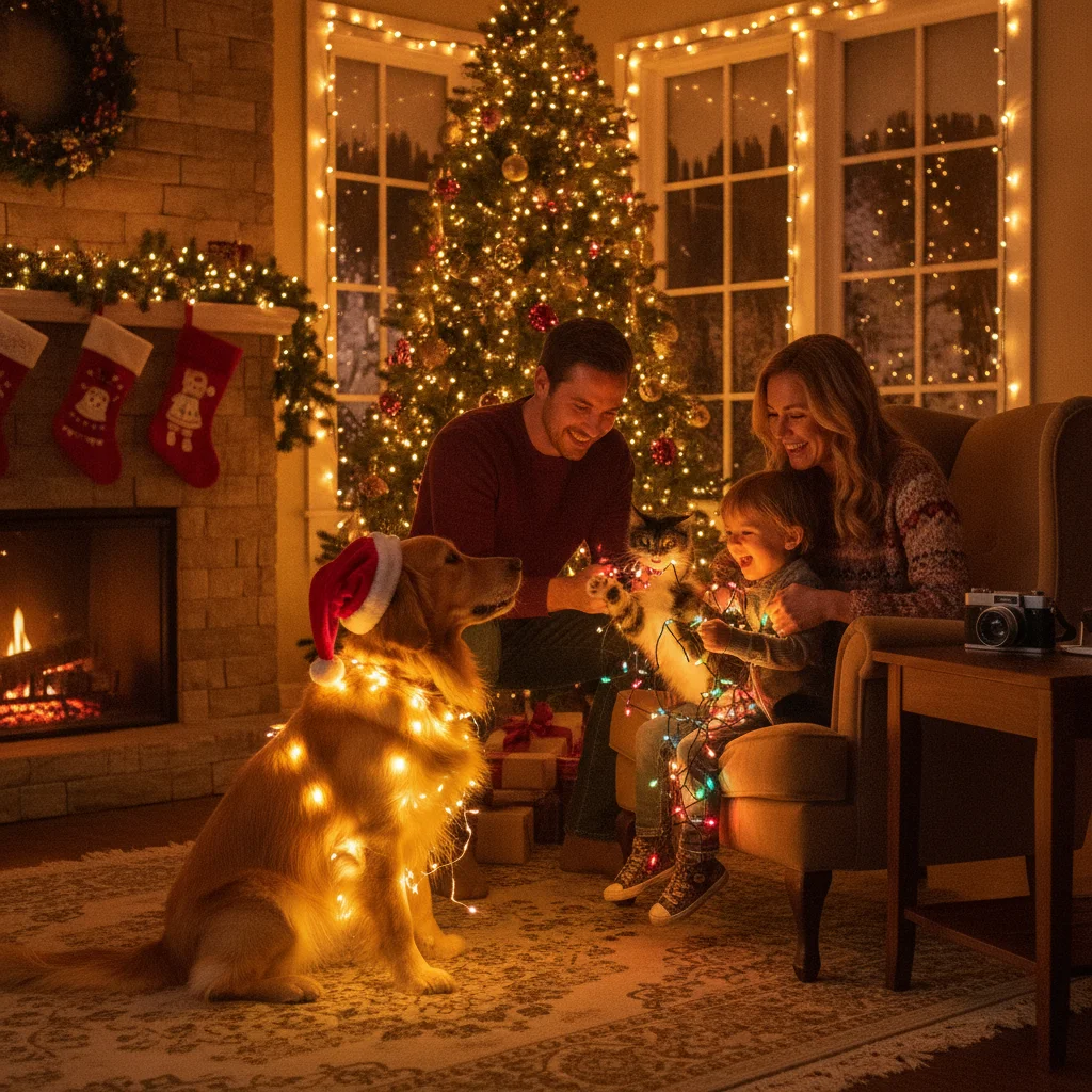 How to Photograph Pets with Christmas Lights (christmas photos) — festive Christmas photo example