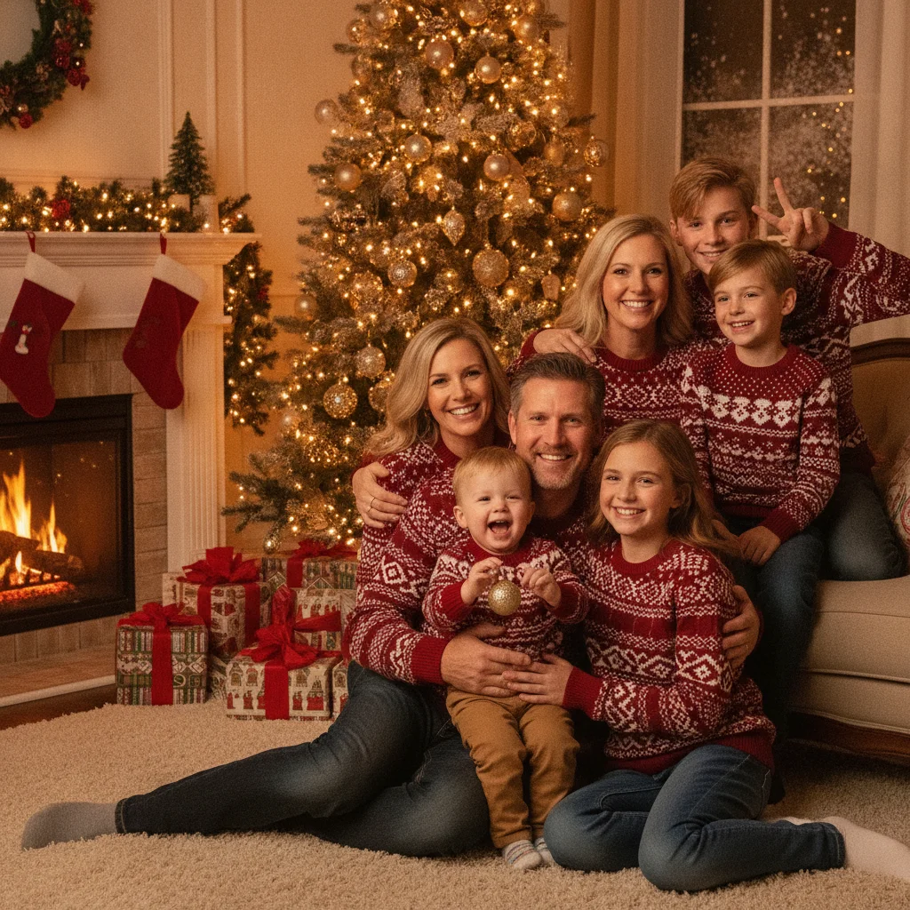 How to Pose a Family for Christmas Photos — festive Christmas photo example