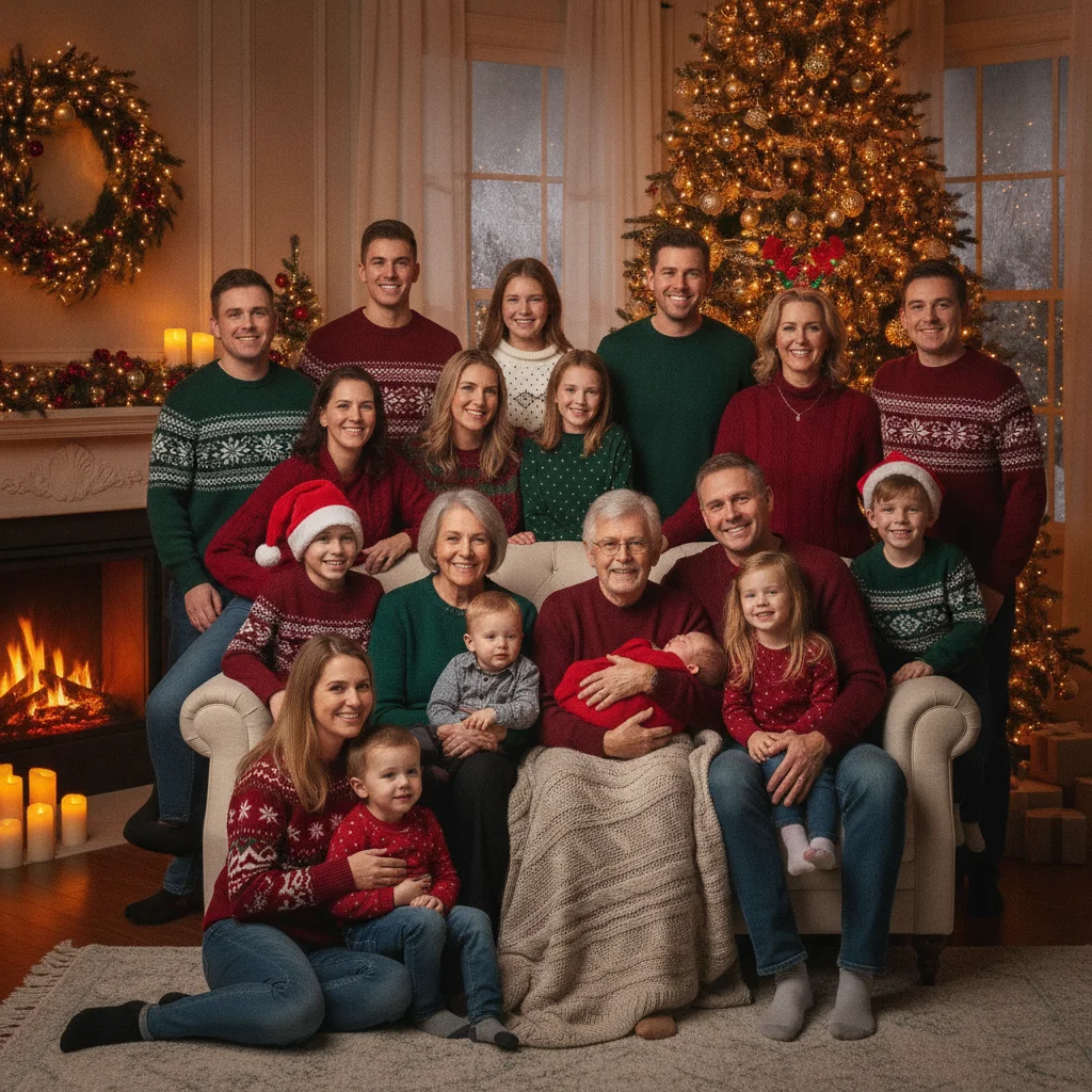 How to Pose a Large Family for Christmas Photos — how to pose large family christmas photo — festive Christmas photo example