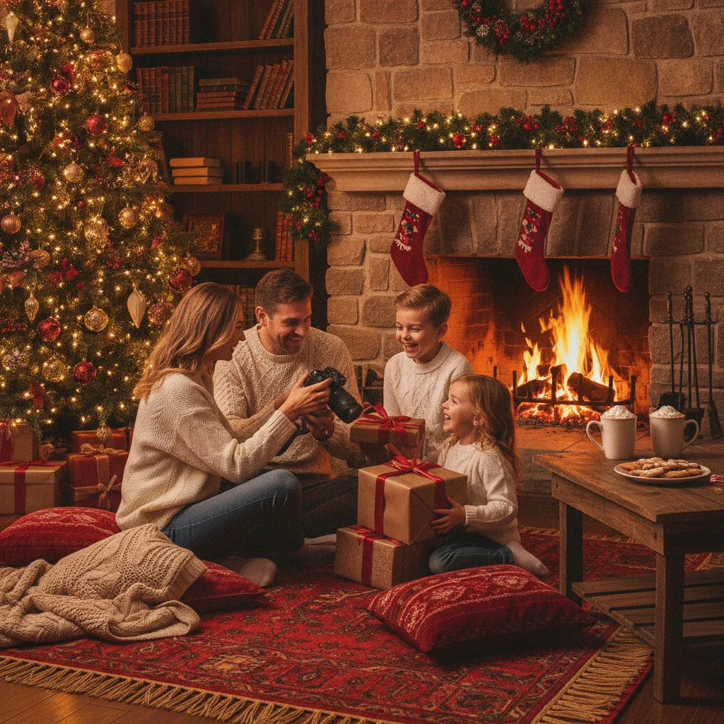 How to Take Stunning Christmas Photos by the Fireplace — how to take christmas photos by fireplace — festive Christmas photo example