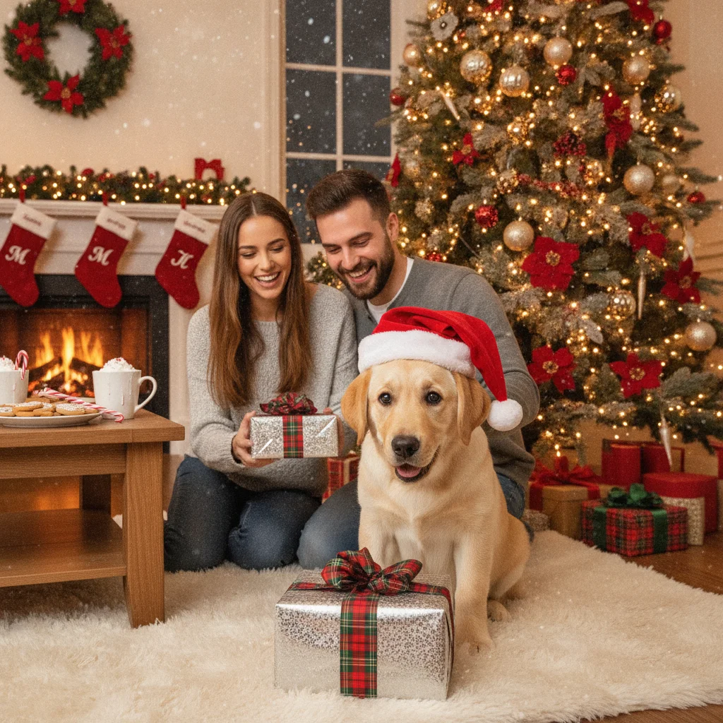 Labrador Puppy First Christmas Photo Ideas (christmas photos) — festive Christmas photo example