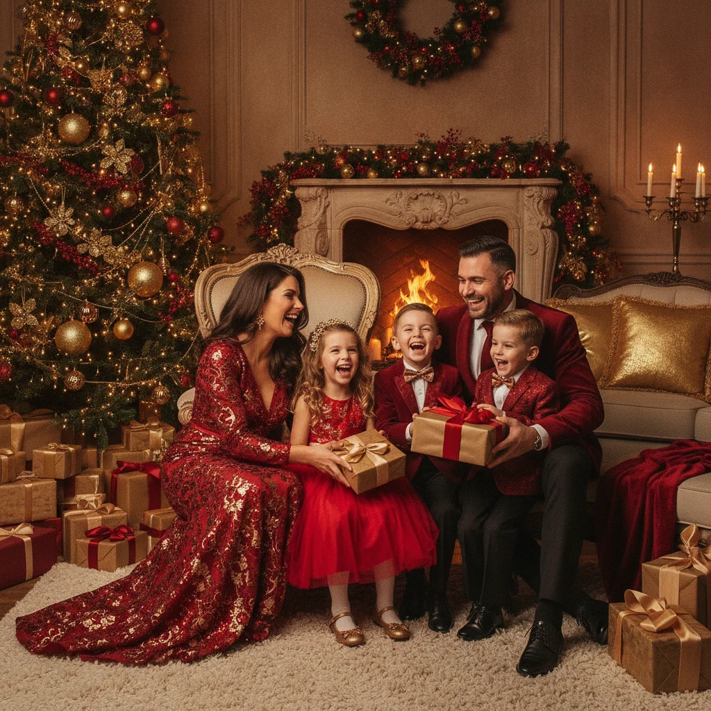 Red and Gold Christmas Portrait Inspiration — red and gold Christmas portraits (christmas photos) — Christmas card guide visual