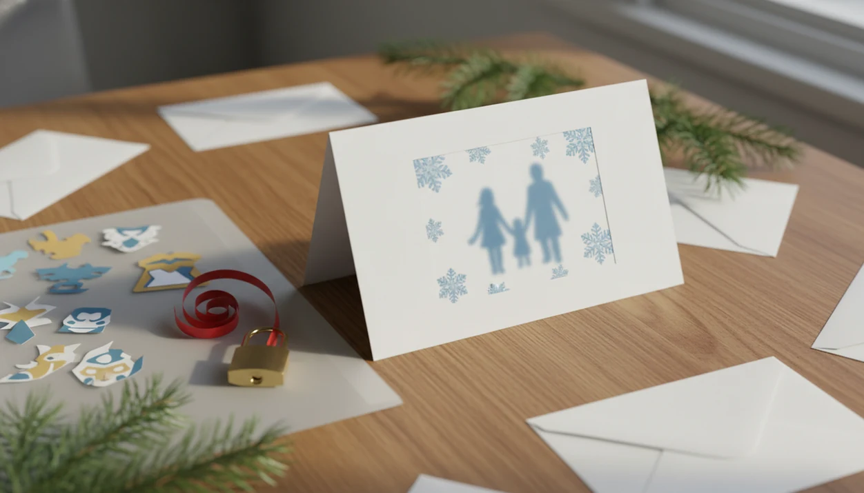 A holiday card-making desk shows generic character cutouts set aside beside a blank Christmas card and padlock.
