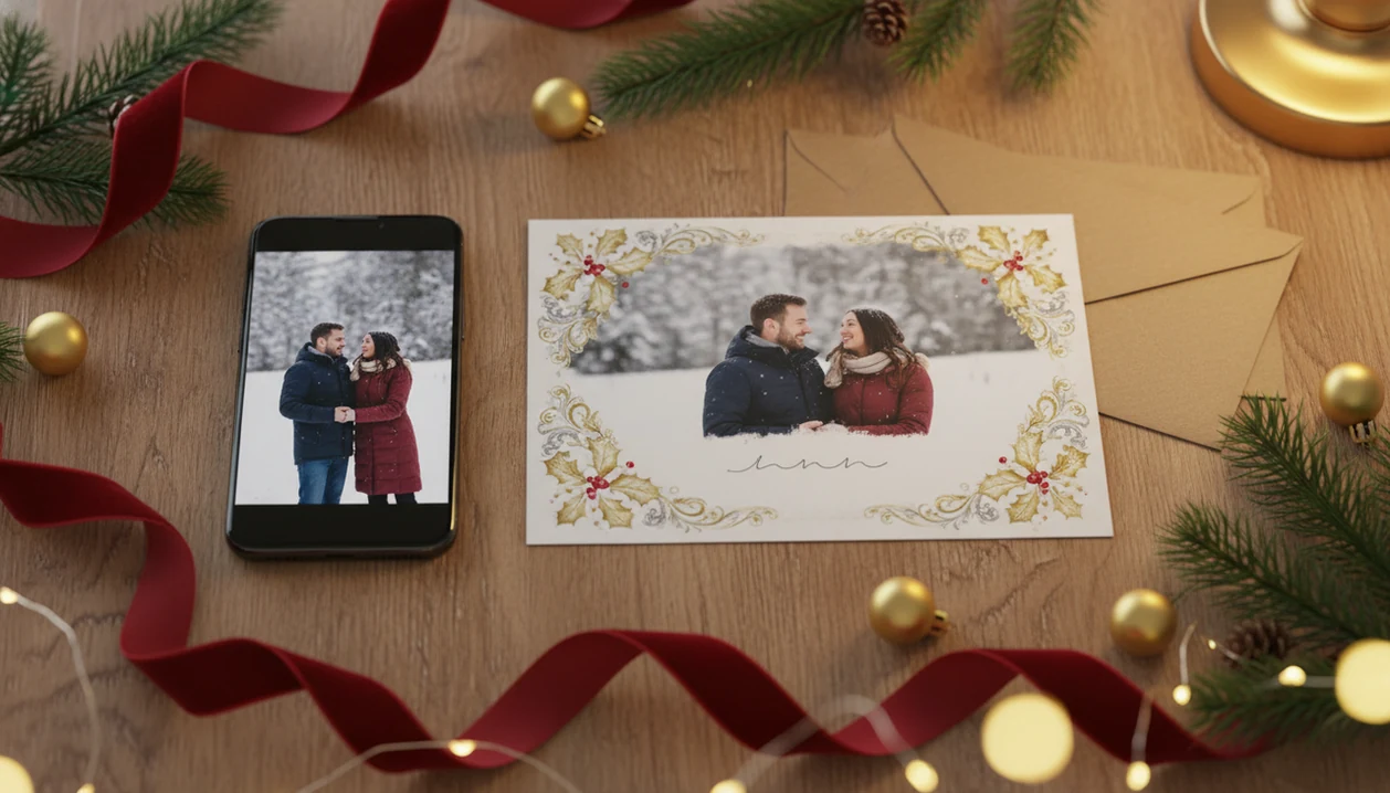 A phone photo of a couple sits beside a finished festive Christmas card print on a cozy holiday table.