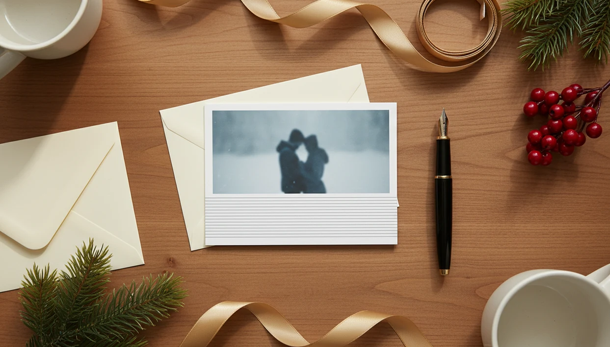 A cozy flat lay of couple Christmas cards, envelopes, pen, pine sprigs, ribbon, and two mugs.