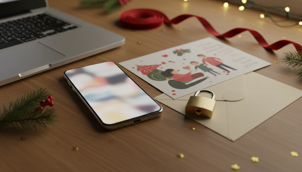 A holiday card, phone, envelope, and padlock sit on a warm desk, suggesting private digital greetings.