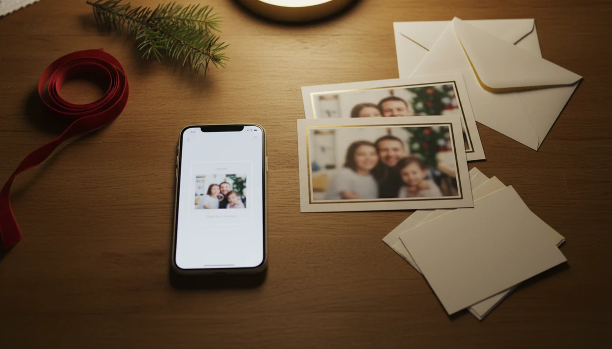 A phone, printed Christmas cards, envelopes, and cardstock samples are arranged on a warm kitchen table.