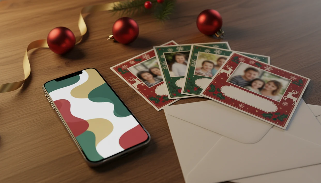 A smartphone beside printed Christmas photo cards, envelopes, ornaments, and pine on a warm kitchen table.