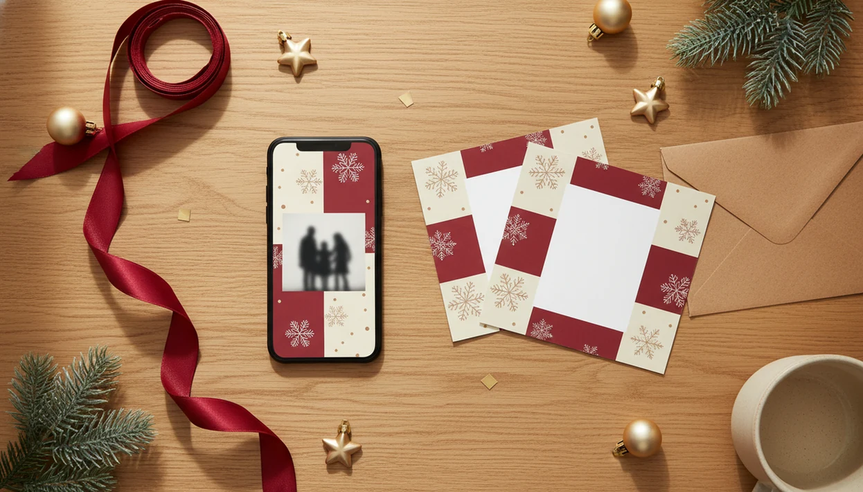 A phone, blank holiday card prints, pine sprigs, ribbon, and ornaments arranged on a warm wooden table.