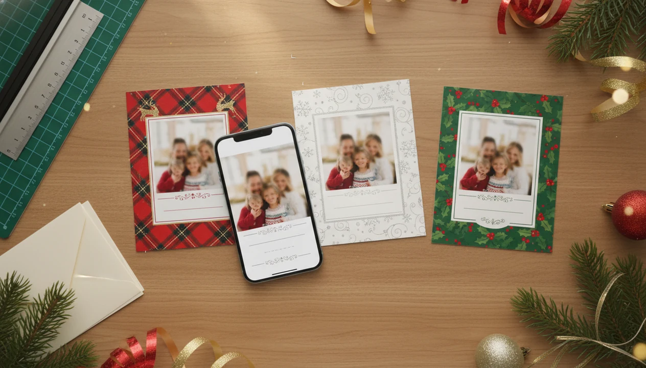 A phone photo sits beside printed Christmas card drafts, envelopes, and print-check tools on a warm desk.