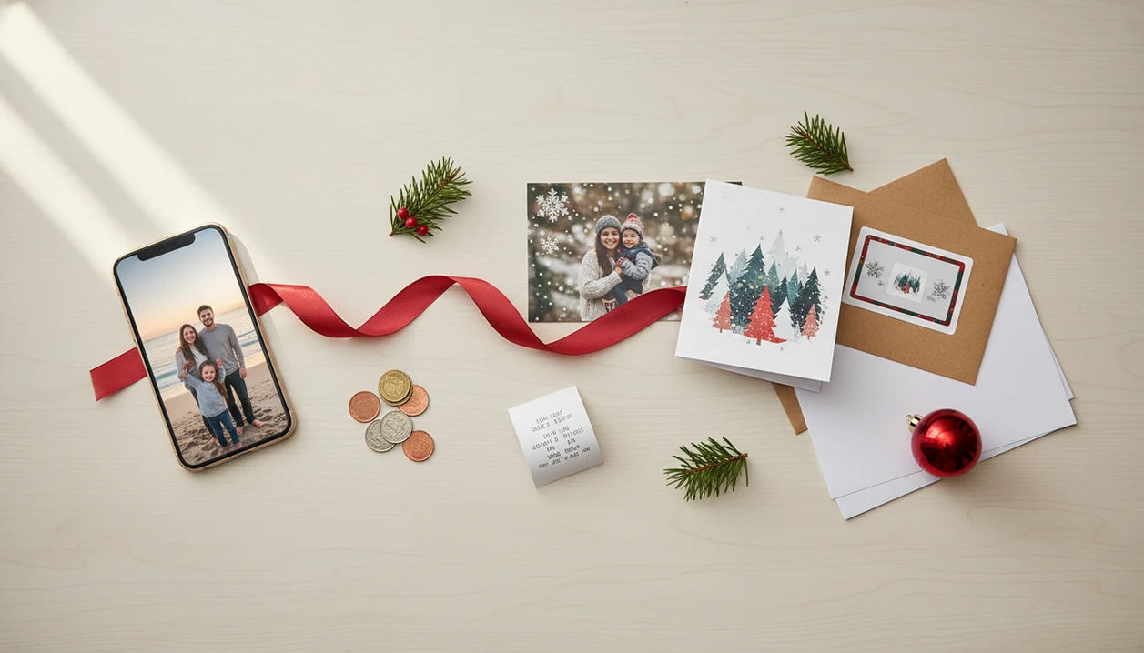 A phone photo, printed holiday cards, envelopes, coins, and Christmas greenery arranged on a desk.