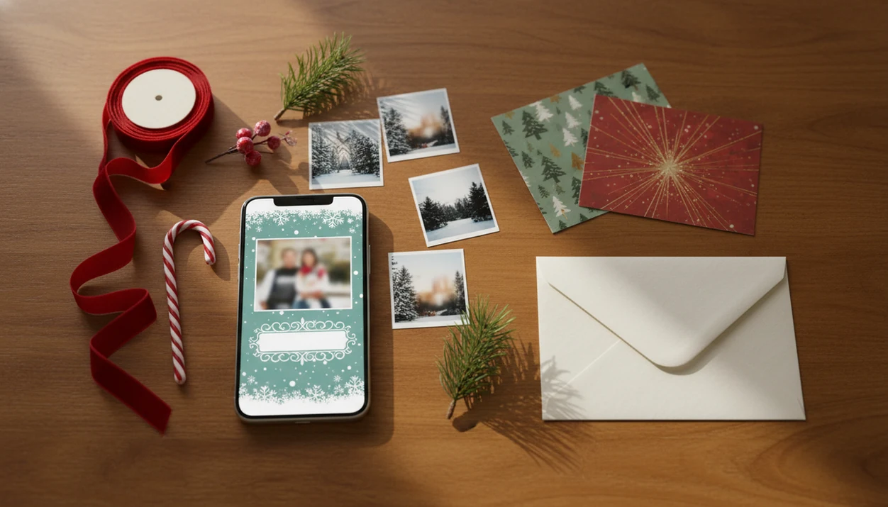 A phone and printed Christmas cards on a wooden table show a phone-to-print holiday card workflow.
