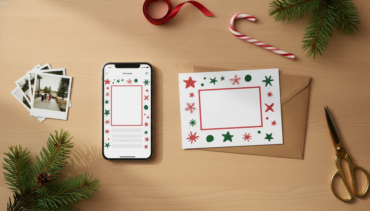 An iPhone holiday card design sits beside a printed Christmas card, photos, ribbon, and pine sprigs.
