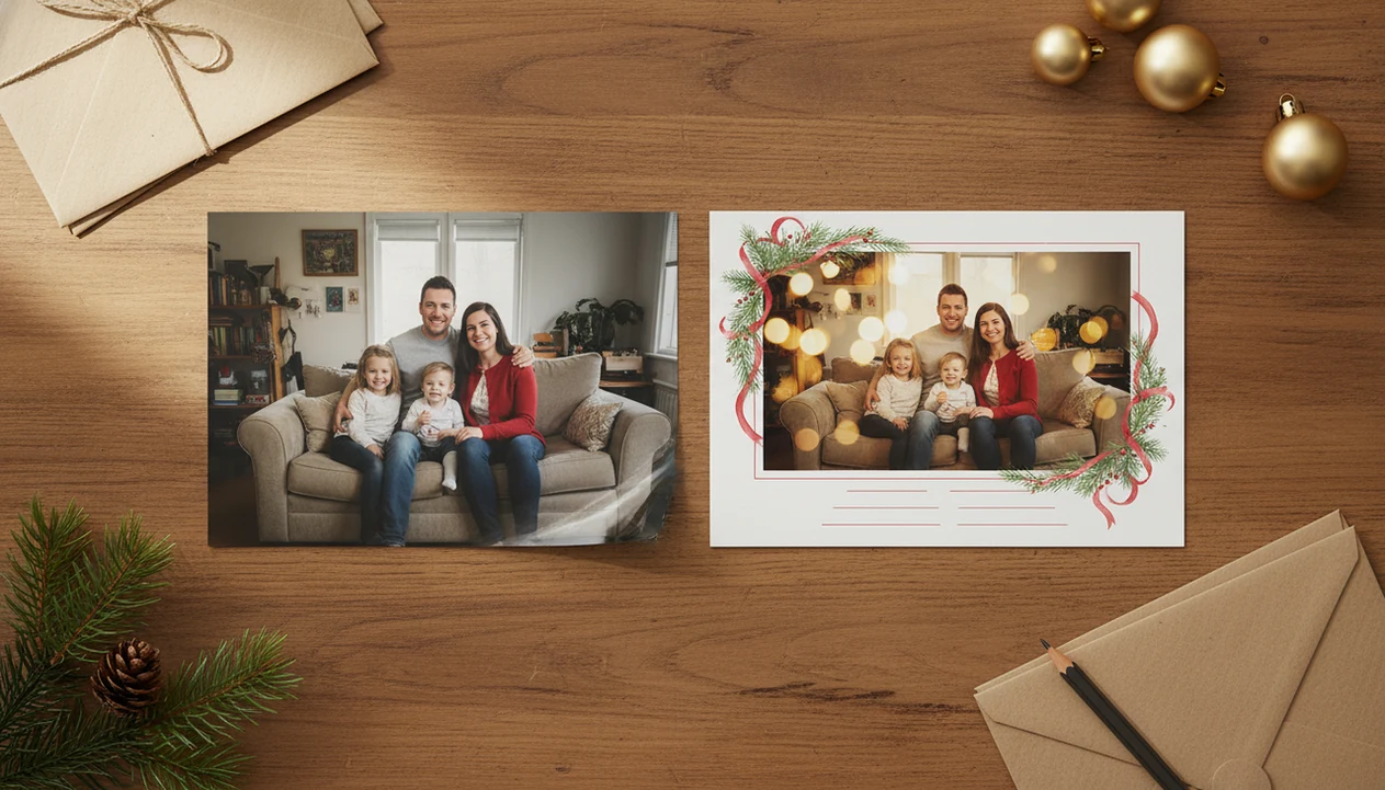 A casual family snapshot beside a polished Christmas card version on a holiday desk.