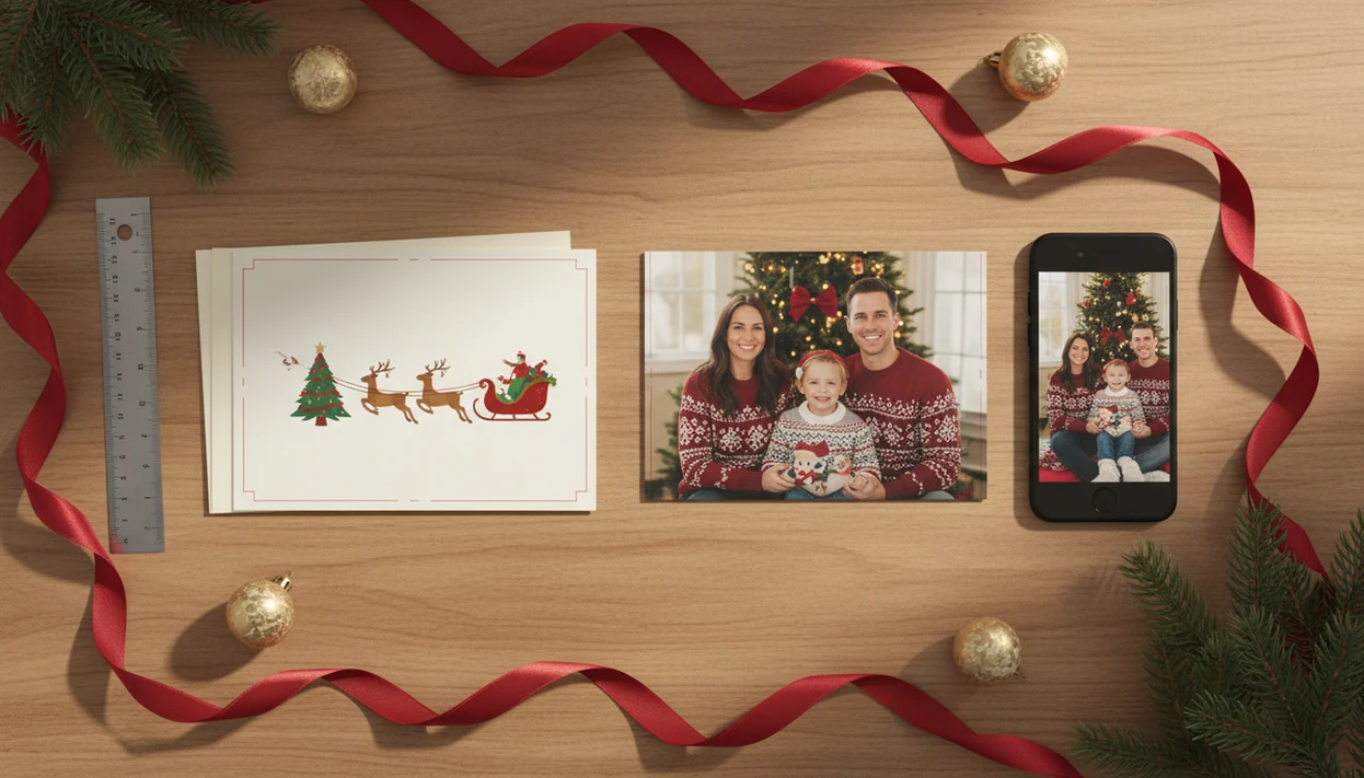 A holiday desk compares a precise printed card proof with a shareable photo card and phone preview.