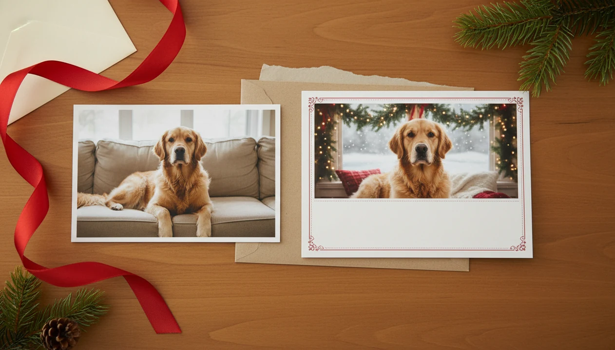 A plain dog snapshot beside a finished Christmas card version with festive styling and holiday props.