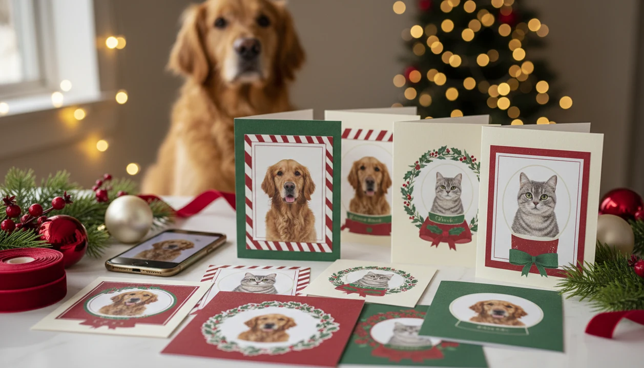 A dog and cat sit behind printed Christmas cards made from their pet photos on a festive table.