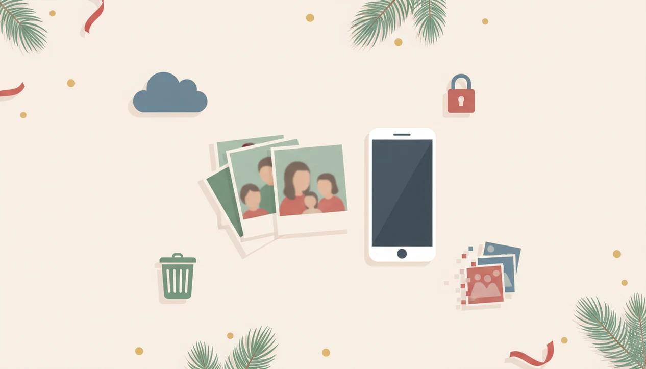 Illustration of blurred holiday photo cards, a phone, cloud, lock, and deletion symbols for privacy cleanup.