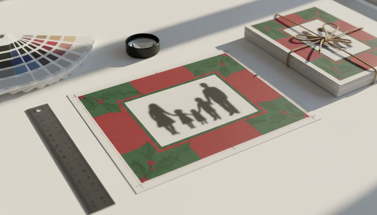 A Christmas card proof with crop marks, bleed margins, color swatches, and print tools on a desk.