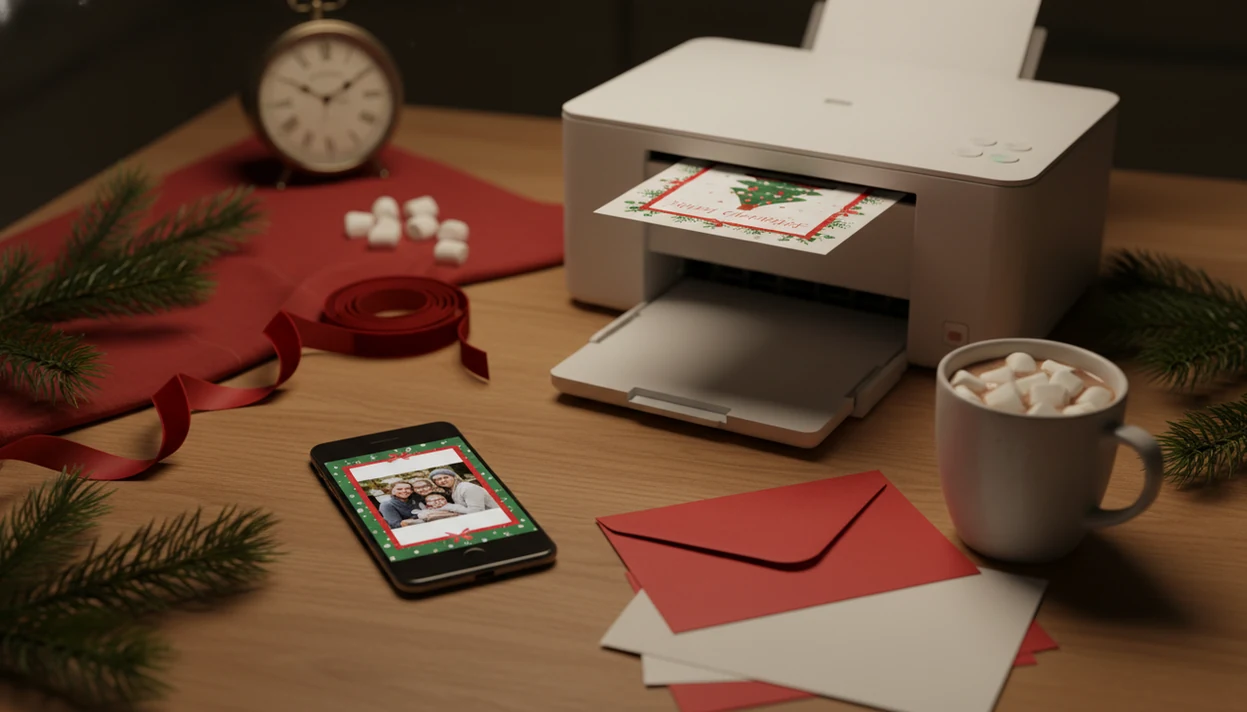 A phone, printed holiday card, envelope, and printer sit on a warm table for a same-night Christmas card.