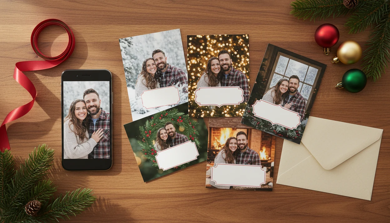 A phone selfie beside printed Christmas cards showing the same portrait in festive holiday designs.